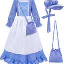 Meland Pioneer Dress for Girls - Colonial Floral Costume with Bonnet, Apron & Purse, Pionner Outfit for Girls 3-10 Years (7-8 Years, Blue)