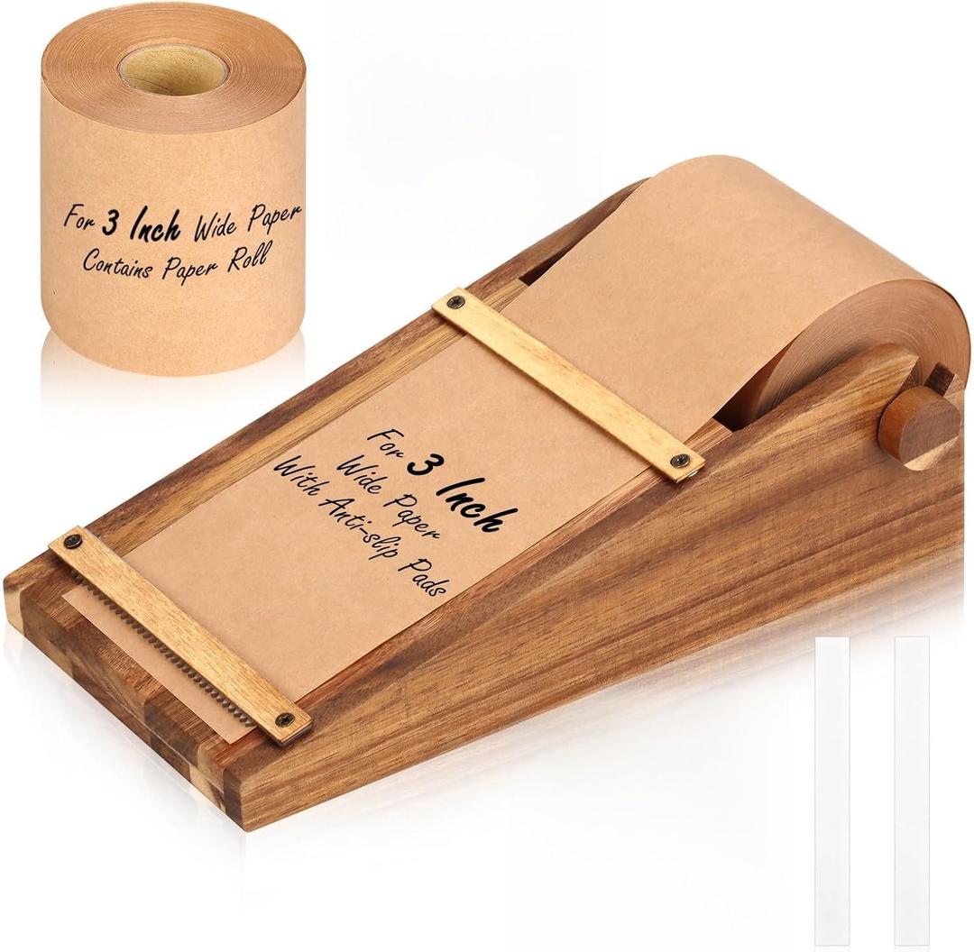 Note Paper Roll Dispenser Desktop Kraft Paper Roll Dispenser Holds 3 Wide with 98ft Wooden Note Taking Roller Holder Tearable Cutter Grocery List Sticky or Home (Brown)