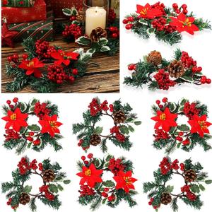 Yilloog Set of 8 Christmas Candle Rings Wreaths Berry Pinecone Red Poinsettia Wreaths Rings Mini Candleholders Xmas Wreath Candle Holder for Christmas Centerpiece(Stylish)