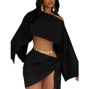 JYAOVO Women's 2 Piece Outfits Batwing Off Shoulder Irregular Crop Top and Mini Skirt Set Sexy Matching Sets (Black)