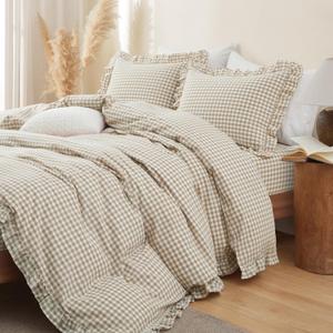 Taupe Gingham Ruffle Duvet Cover Queen Size 3 Piece Cotton Brown Plaid Comforter Cover, Ruffled Shabby Chic Checkered Bedding Set with Zipper Closure & Corner Ties(Comforter Not Included)