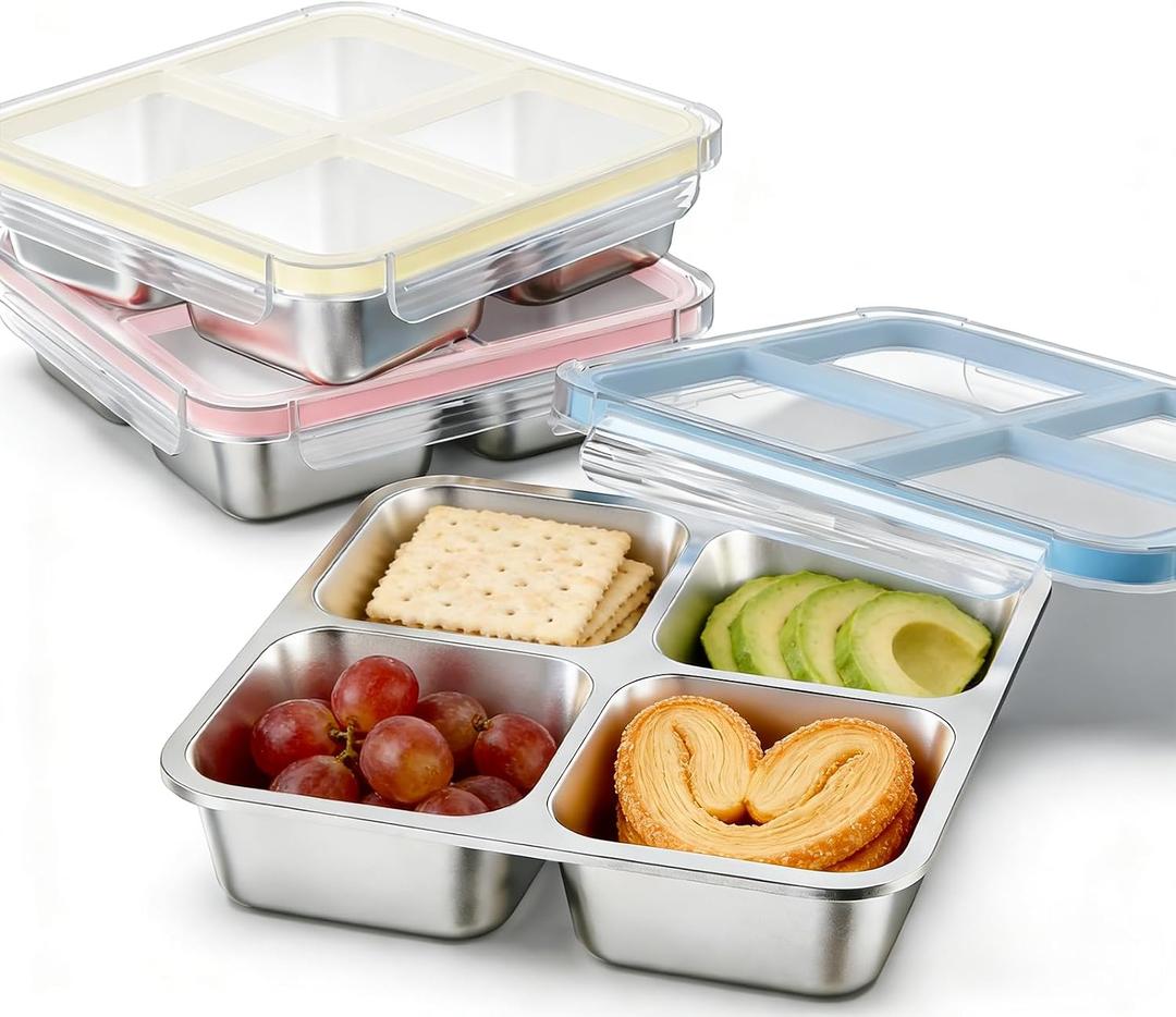 3 Pack Stainless Steel 4 Compartment Snack Containers with Lids, Reusable Divided Lunch & Food Storage Containers for Work, Travel (Pink, Yellow, Blue)