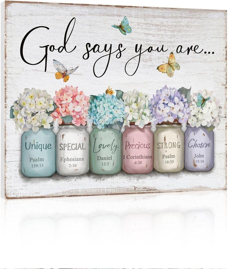 Inspirational Bible Verse Wall Art: God Says You Are Wall Sayings Flowers in Mason Jar Picture Print Christian Gift Quotes Poster for Women Girl Bedroom Decor 12" x 15"