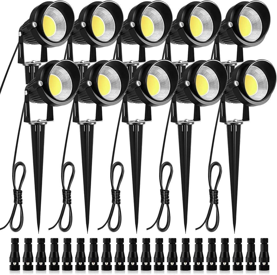 ZUCKEO Low Voltage Landscape Lights LED Landscape Lighting with Connectors, 10W 12V 24V Outdoor Spotlights Waterproof Garden Flood Pathway Yard Lights 1000LM Daywhite Light(10Pack with Connector)