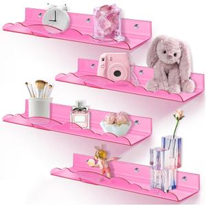 Rainbow Acrylic Floating Shelves, 15in Kids Wall Mounted Nursery Bookshelves, Display Ledge for Books Toys Cosmetic Storage, Bathroom Bedroom Living Room Wall Organizer, 4 Pack, Pink