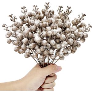 Pack of 16 Christmas Glitter Berries Stems, 8'' Artificial Snowy Berry Picks Sparkle Holly Berry Branches for DIY Crafts Wreath Making Christmas Tree Decoration New Year Holiday Home Decor (Champagne)