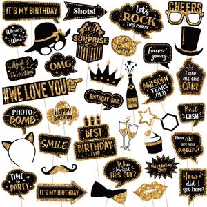 Outus 36 Pcs Birthday Photo Booth Props Kit Happy Birthday Graduation Wedding Party Favors Supplies Bday Party Decor 40th- 50th-60th Photobooth Funny Cute Holiday Selfie Supplies(Gold and Black)