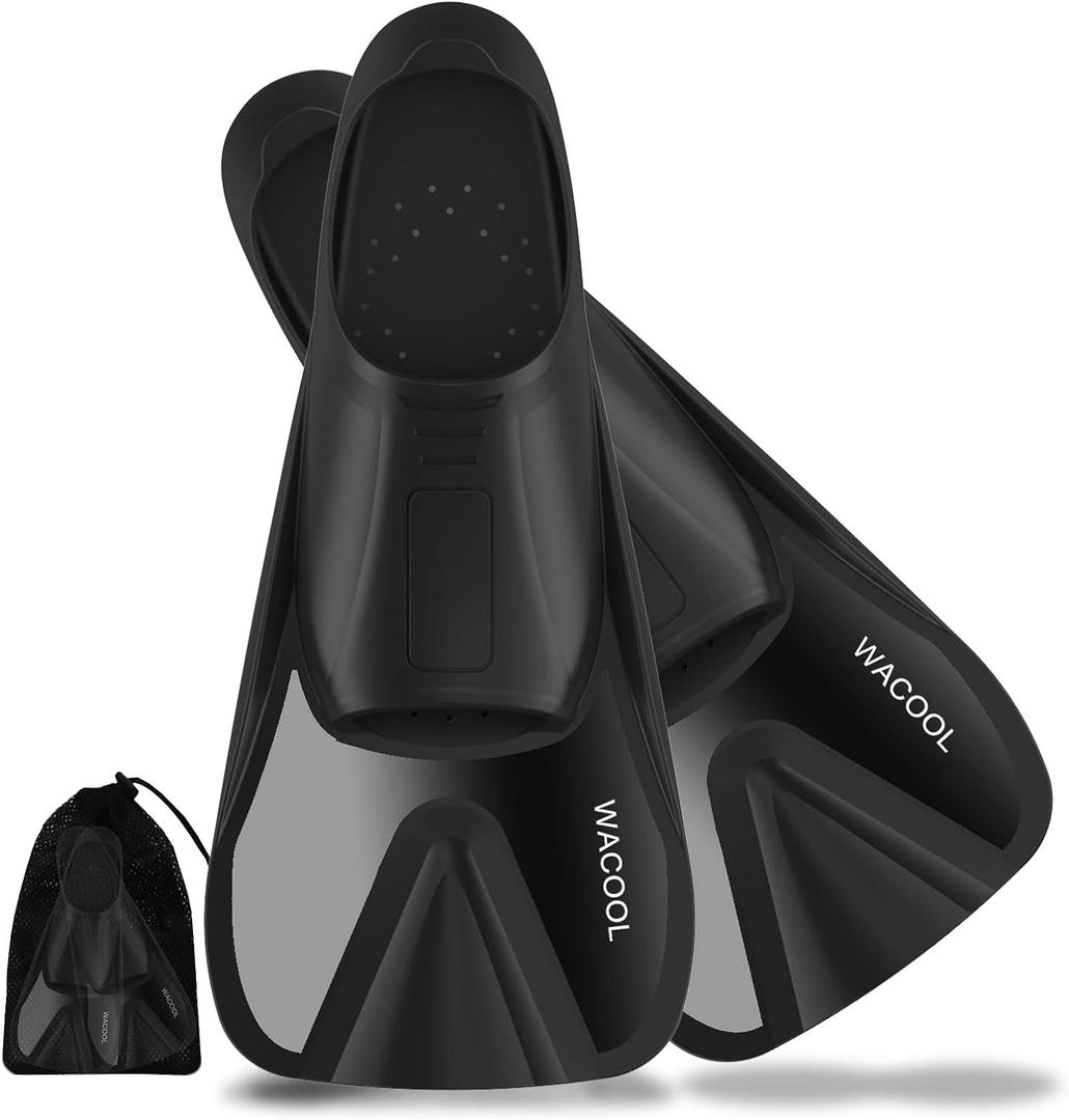 WACOOL Adult Short Light Full Foot Pocket Travel Size Fins Short Blade Fins Flippers for Snorkeling Diving Scuba or Swimming Training (Small, Black)