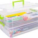 2 Layer Plastic Storage Containers with Lids, Multipurpose Clear Stack & Carry Box, Portable Craft Organizers and Storage Bin for Organizing Art & Craft, Sewing, Makeup, Nail Supplies (Green)
