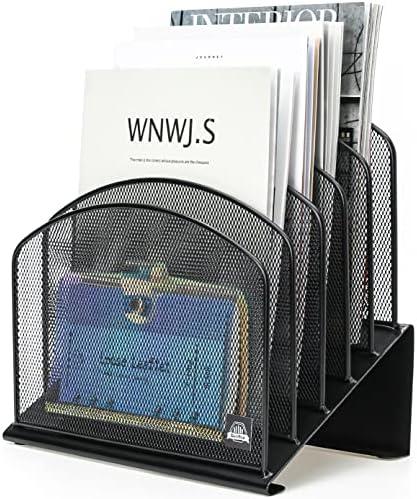 Delifox Inclined Desk File Organizer, 5-Section Vertical File Folder Holder Stand Metal Rack File Sorter for Office Classroom Desktop Organization (Black, 1Pack)