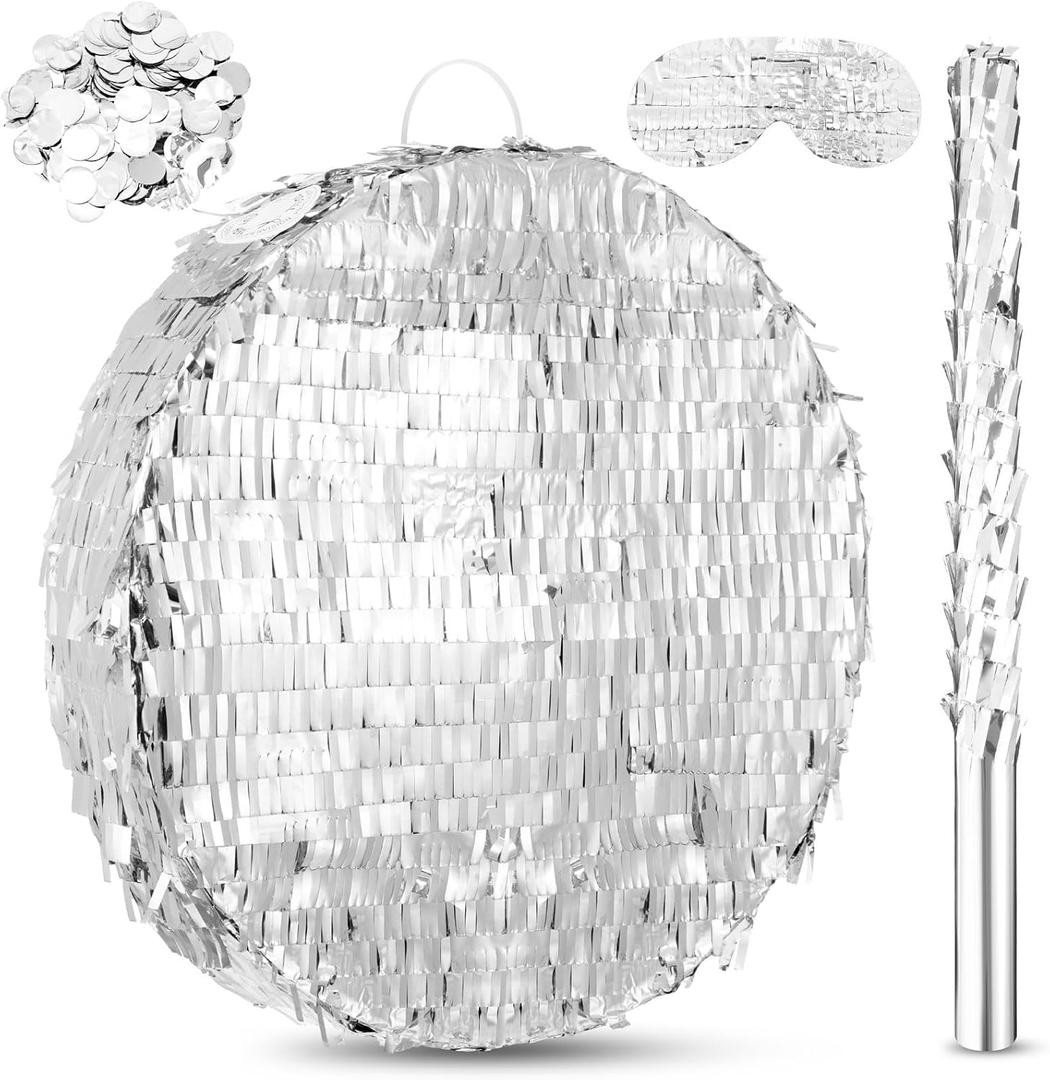 Jenaai Disco Ball Large Piata 16 Inch, Round Blank Disco Piata with Stick Blindfold and Confetti for Adults and Kids' Birthday Parties, Carnivals New Year Decorations Supplies(Shiny Silver)