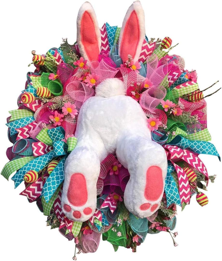 Easter Wreaths for Front Door, Easter Bunny Door Wreaths Easte Bunny Butt Wreath Decorations Cute Rabbit Garland Spring Decoration Farmhouse (Pink Series)