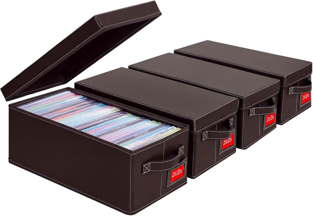 Brown Faux Leather DVD Storage Box 4 Pack, Holds 25 Standard DVD Cases Each, Stackable Disc Organizer with Lids and Handles for Home Media Collection