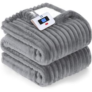 Electric Blanket Full Size, Soft Ribbed Flannel to Sherpa Reversible Heated Blanket with 10 Heat Settings & 1-12 Hours Auto-Off Overheat Protection, Machine Washable, 80"x80" Light Grey