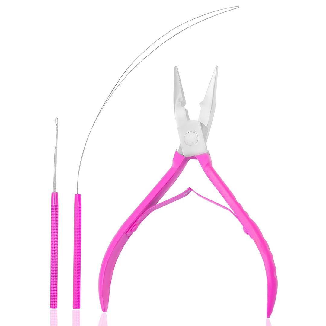 SIVOTE Professional Hair Extension Pliers & Bead Extension Tool Kit  Stainless Steel Hair Pliers for Bead Extensions, Microlink Tool Kit, & Loop Threader for Micro Beads Hair Extensions Kit Pink