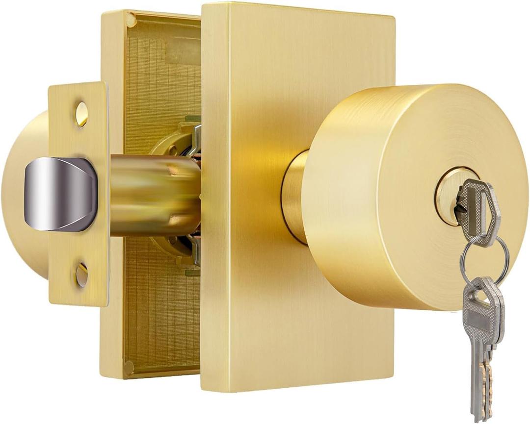 Gold Door Knobs with Lock and Key, Keyed Alike Door Knobs Exterior/Interior, Brushed Gold Entry Door Lock for Front Door, 1 Pack