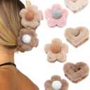 Fluffy Plush Claw Clip for Hair 6 Pcs Cute Hair Clips for Women Fuzzy Hair Barrettes Girls Hair Jaw Clips (Flower + Heart - Beige/Brown/Coffee)