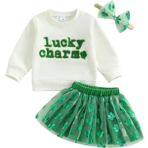 Toddler Baby Girl St Patricks Day Outfit Little Girl Clothes Skirt Set Lucky Charm Sweatshirt Clover Tutu Dress (3-4T, Green)
