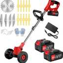 Electric Weed Wacker Cordless with Wheels, 2pcs Batteries&4 Types Blades,Lightweight, Low Noise Weed Trimmer 21V stringless Weed Wacker, Grass Trimmer/Brush Cutter/Edger, for Thick Weeds&Yard Garden, 33~47 inches