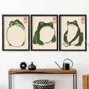 Houmury Set of 3 Framed Japanese Frog Wall Art Decor Vintage Wall Signs Cute Minimalist Decors (Black)