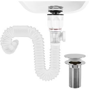 Bathroom White Sink Drain Kit, with Flexible Expandable P-Trap Sink Drain Pipe, Fits 1-1/4",1-1/2" and 2'' Drain Hole, Built-in Anti-Clogging Stopper, Anti-Odor Bathroom Sink Drain