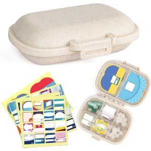 1Pack Travel Pill Organizer & 56 Medicine Name Stickers, 8 Compartments Portable Pill Case, Small Pill Box for Pocket Purse Portable Medicine Vitamin Container (Beige with Stickers)