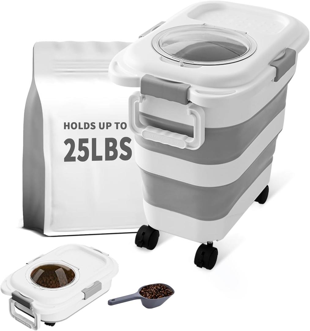25 Lbs Dog Food Storage Container, Collapsible Dog Food Container with Scoop for Pet/Dog/Cat/Bird Food,Keep Dry Food Fresh,Easy to Move (White) (1-25BL-White)