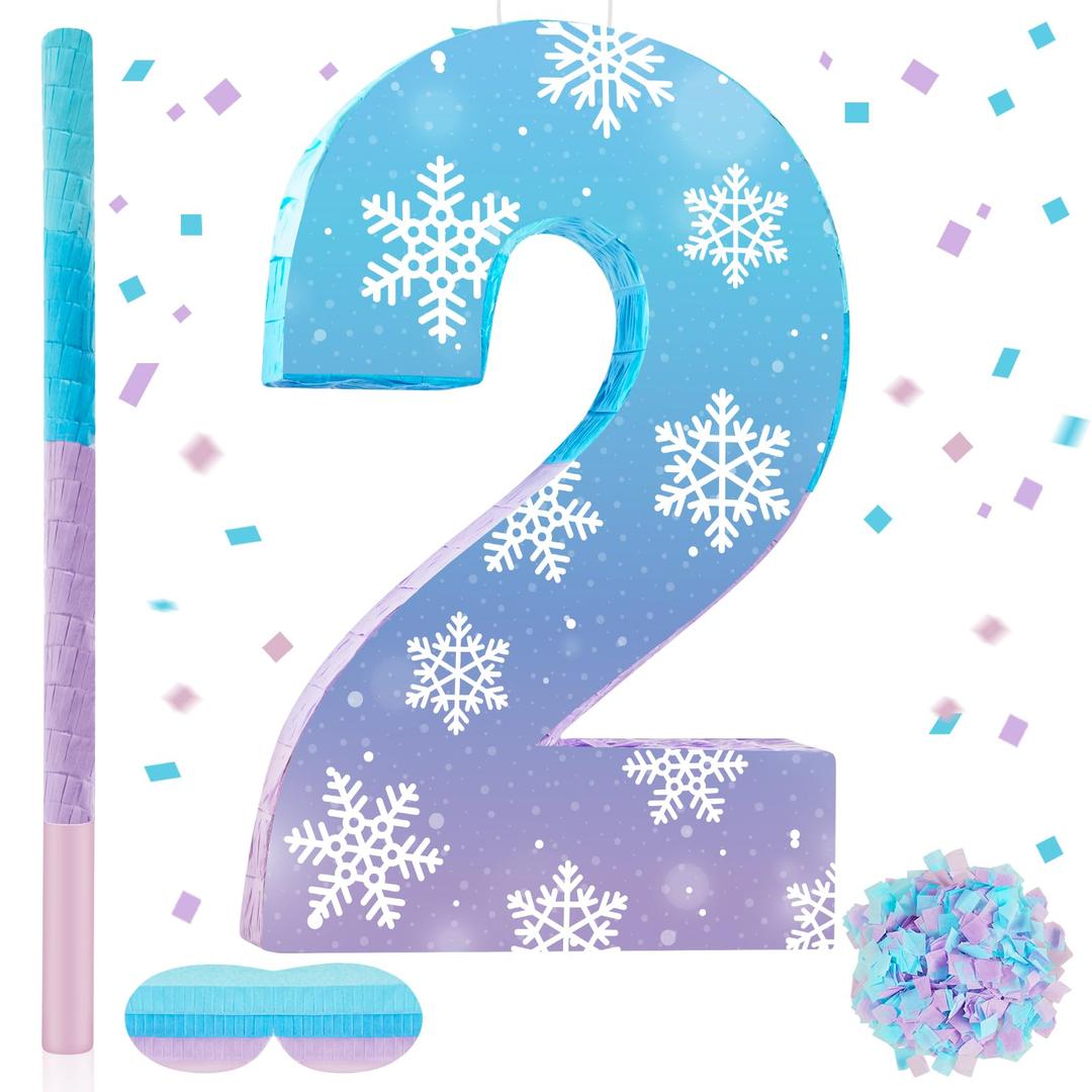Halloscume Snowflake Birthday Decorations, Winter Wonderland Number 2 Piñata with Stick Blindfold and Confetti Snowflake Piñata 2rd Birthday Party Decorations Winter Princess Ice Party Supplies