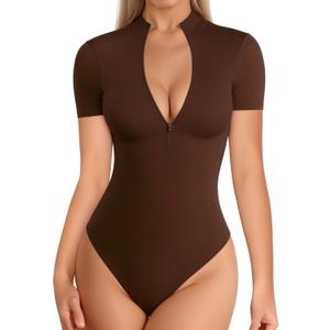 MANGOPOP Long Sleeve Body Suit Mock Turtle Neck Zip Up Bodysuit for Women Ribbed Deep V Sexy Bodysuit Shirts, L