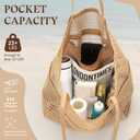 Woven Tote Bag, Foldable Large Capacity Mesh Shoulder Bag with Waterproof Bottom Retro Handle Tote Handbag for Daily Travel Holiday, Khaki
