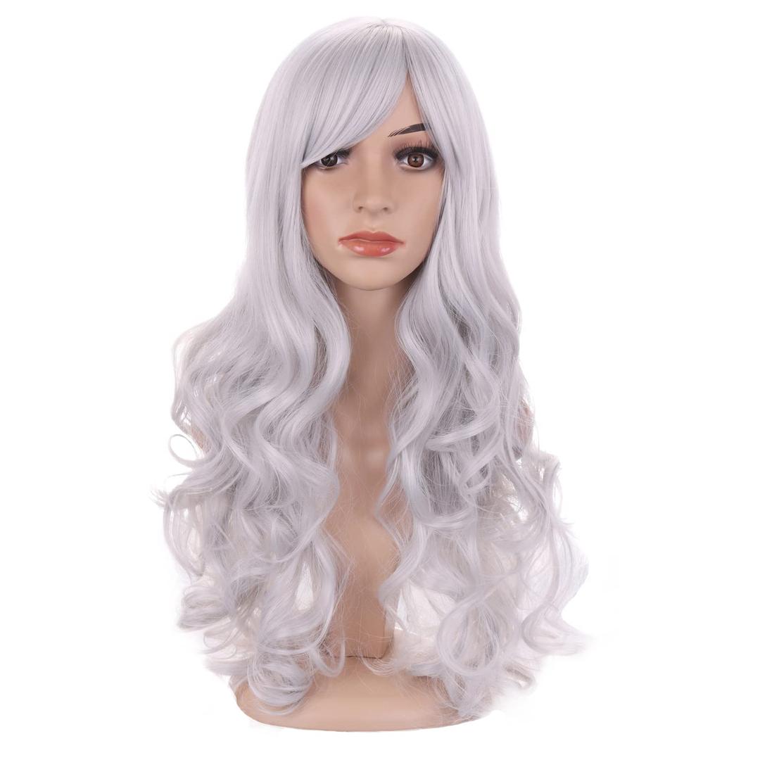 BERON Silver White Wig Long Wavy Curly Silver White Wig with Bangs for Women Synthetic Hair with Cap