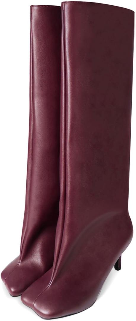 UBWDU Women's Suede Knee High Boots Square Toe Stiletto Heels Wide Calf Tall Boots (11, Burgundy Pu)