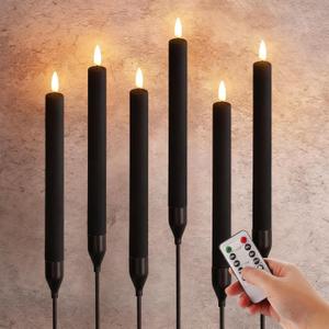 Black Flameless Taper Candles with Remote, Flickering Realistic LED Candlesticks Battery Operated Set of 6