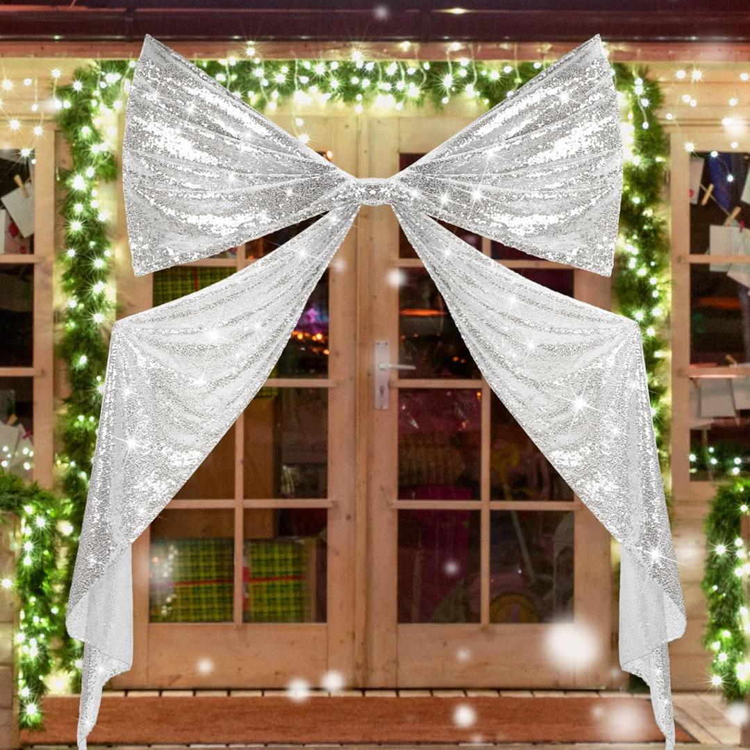 Big Wall Bow Decorations 39 x 72 Inch Giant Birthday Party Decor Ribbon Hanging Tie Bow Decor for Coquette Party Baby Shower Wedding Bridal Bachelorette Supplies(Sliver,Sequins,Weeding)