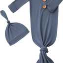 Newborn Baby Boys Girls Knotted Gown Hat Set Soft Bamboo Viscose Infant Sleeper Baby Sleep Gown with Mittens (0-3 Months, Navy)