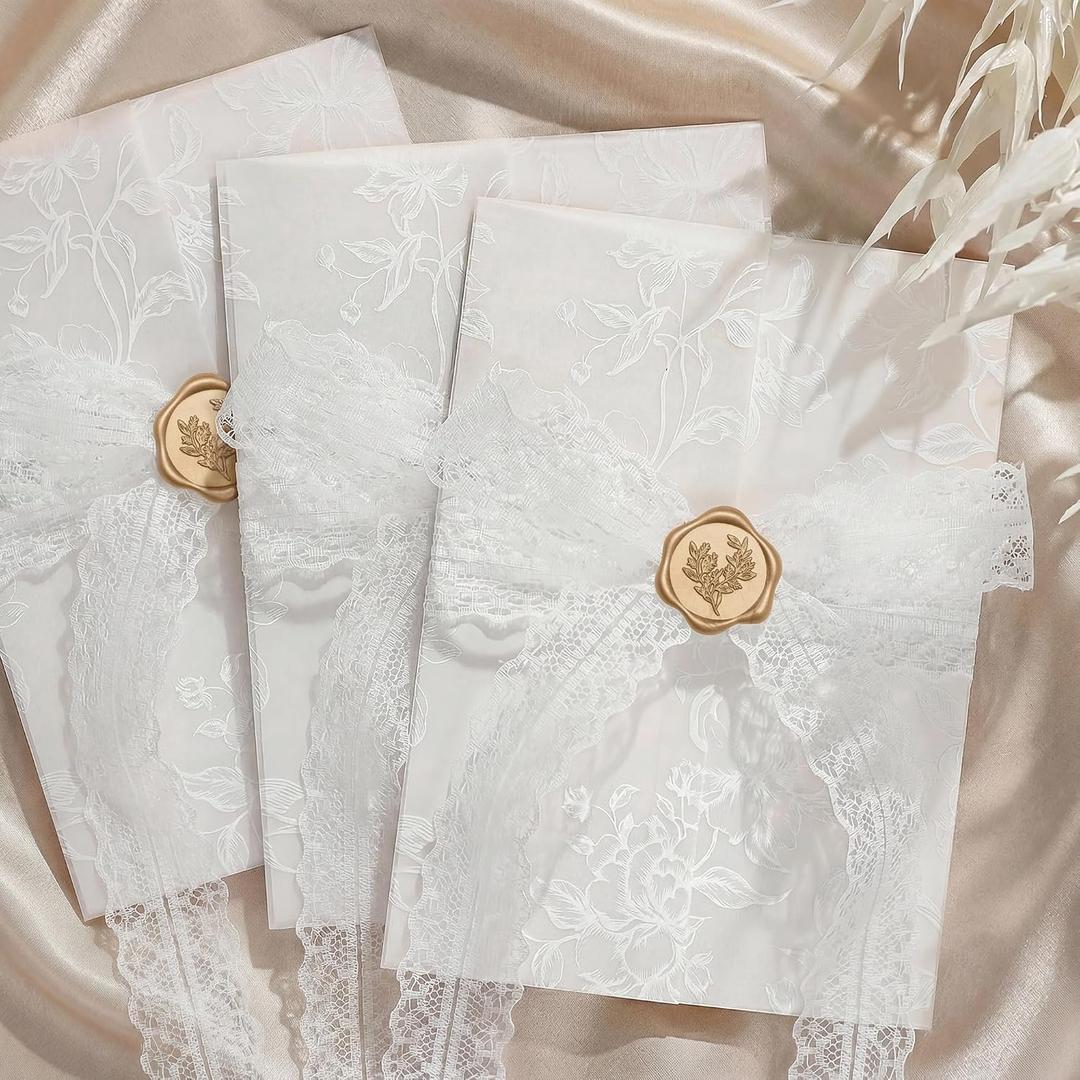 UNIQOOO 50 Sets Wedding Invitation Kit, White Floral Vellum Jackets for 5x7 Invitations w/Lace Ribbon & Eucalyptus Wax Seal Stickers, Wedding Invitation Accessories