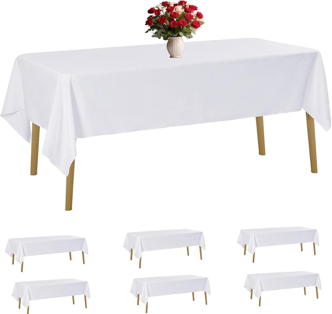 6 Pack White Tablecloth 60 x 102 Inch Table Cloth for 6 Foot Rectangle Tables, Wrinkle Resistant Washable Polyester Fabric Table Covers for Party, Wedding,Dining,and Banquet