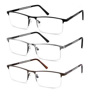 3 Pack Reading Glasses for Men Blue Light Blocking, Lightweight Metal Rectangle Semi Rimless Readers for Men, Anti Eyestrain/UV, Half Frame Spring Hinge Eyeglasses with Pouches, Magnification Strength: 1.25 x