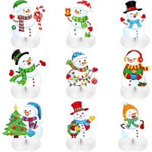 9 Pieces Christmas Honeycomb Centerpieces Table Decorations, Snowman Merry Xmas 3D Honeycomb Table Decorations for Christmas Winter Holidays Dining Room Table Party Supplies Favors