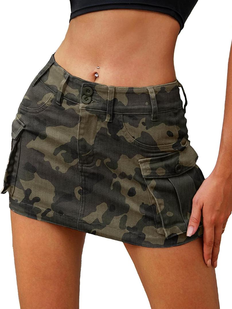 ELLEVEN Mini Cargo Skirts for Women High Stretchy, Low Waist Y2k Skirt Button Cute Denim Bodycon Jean Skirt with Pocket Camo X-Large