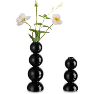 Glass Bubble Vases for Flowers, Hewory 2pcs Black Unique Cute Single Flower Vase for Centerpieces, Funky Aesthetic Vase Skinny Bud Vase, Cool Groovy Decor for Home Living Room Bedroom Office Tabletop