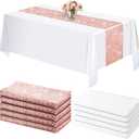 Shimeyao 10 Pcs Rose Gold Table Runner and Tablecloth White Rectangle 54 x 108 Inch Table Cover Sequin 12 x 108 Inch Runners Disposable Plastic Tablecloth for Wedding Baby Shower Birthday
