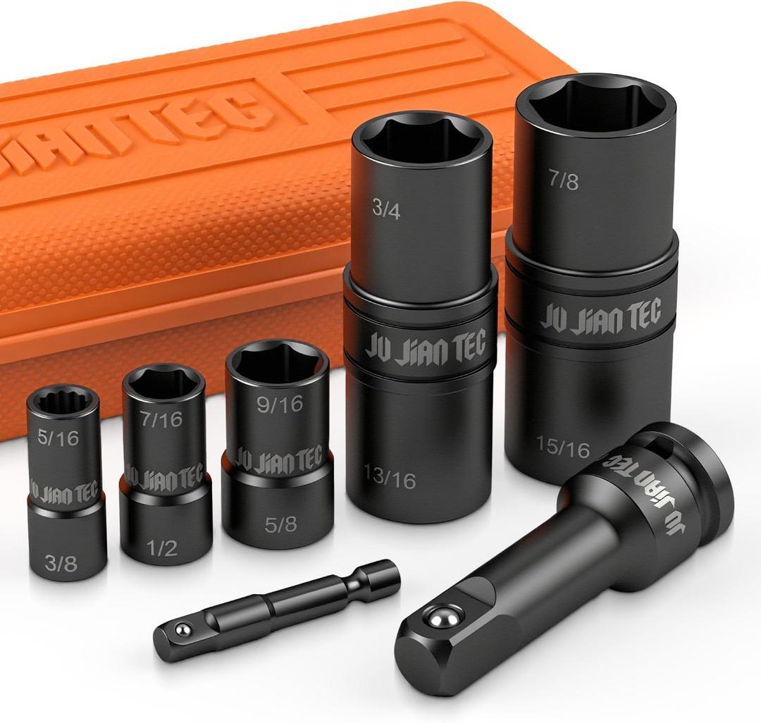 Lug Nut Impact Socket Set, Impact Driver Flip Socket, Five Sockets with 1/4-Inch Hex and 1/2-Inch Square Socket Adapters, Premium CR-MO Steel, with Molded Case