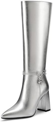 FINDVELL Silver Knee High Boots for Women Chunky Block Heel Tall Boots Pointed Toe Side Zipper Fashion Dress Long Boots Size 7