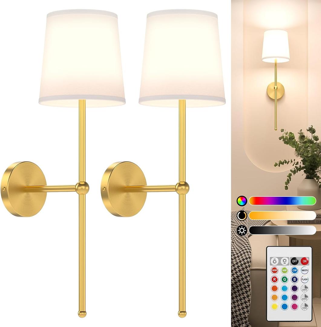Lightbiz Battery Operated Wall Sconce Set of 2, Rechargeable Wall Lights with Remote, 15 Colors Wireless Dimmable Wall Lamp for Bedroom, Living Room, Hallway