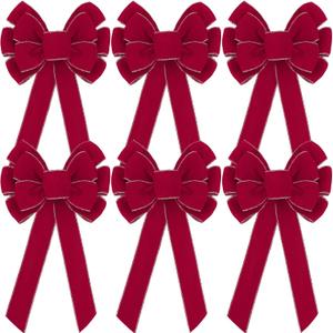 Lenwen 6 Pcs Large Christmas Bows Velvet Christmas Wreath Bows Xmas Tree Topper with Golden Edge Big Xmas Ornament for Wreath Gift Front Door Home Decor (11 x 19.6 Inch,Burgundy)