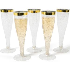 Prestee 48 Disposable Plastic Champagne Flutes With Gold Rim Glitter - Clear Toasting Glasses for Mimosa, New Years Eve Party, and Elegant Celebrations - Premium Quality Disposable Stemware