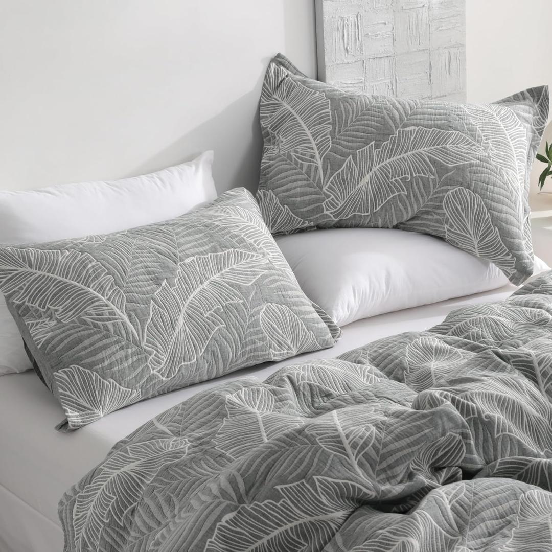 NTBAY Cotton Standard Pillow Shams, 3 Layer Muslin Breathable Soft Thermal Yarn Dyed Sham Covers, 2 Pack 20x26 Oxford Pillowcases with Envelope Closure, Dark Grey Leaf