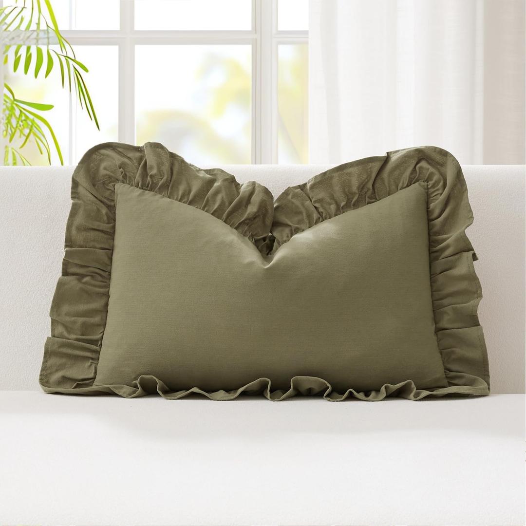Kevin Textile 12x24 Inch Long Lumbar Pillow Cover 1 Pack 100% Cotton Lace Ruffles Scalloped Decorative Rectangle Cushion Case Soft Pillow for Bedding Couch Sofa, Olive Green