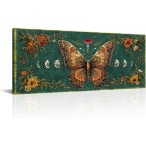 RnnJoile Witchy Canvas Wall Art Gothic Picture Wall Decor Butterfly and Moon Phase Painting Prints Framed 16"x40" Green